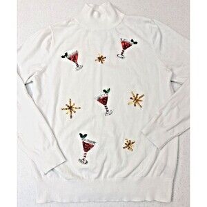 Victoria Harbour Christmas Sweater Sequin Martini's Cocktail White Womens Large